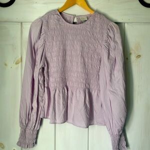 Lilac long sleeved ruffle puff sleeve shirred blouse size M